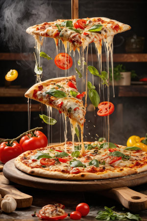 Three slices of pizza with melted cheese and basil leaves falling off a stacked pie on a wooden boardの素材