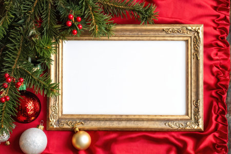 A festive Christmas scene featuring ornaments and evergreen branches with a golden frame on red fabricの素材