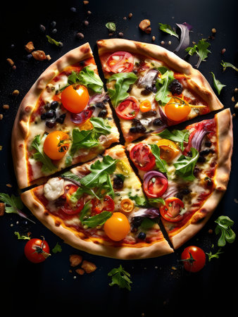 A gourmet vegetable pizza with a rustic appeal on a dark backgroundの素材