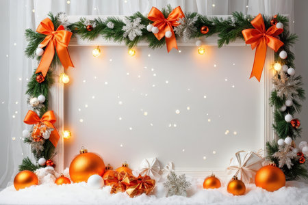 A festive holiday display with orange and white ornaments on a snowy surfaceの素材