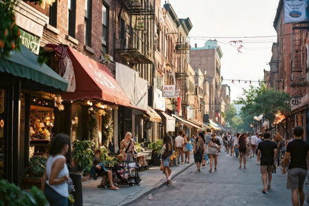 A bustling urban evening scene with people shopping and dining on a lively city streetの素材