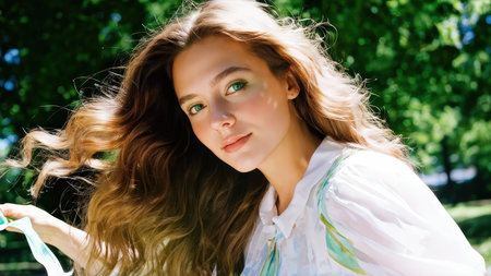 A young woman in a flowy blouse stands amidst greenery with her hair flowing freelyの素材