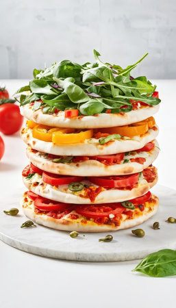 A stack of colorful vegetable pizzas on a marble platter with fresh ingredients aroundの素材