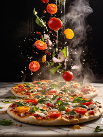 A visually striking representation of a freshly prepared pizza with various toppings and ingredients falling around itの素材
