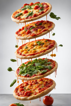 A dynamic stack of pizzas with various toppings and melted cheeseの素材