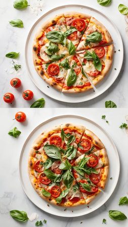 A visually appealing Margherita pizza served on a white plate with fresh basil and cherry tomatoes surrounding itの素材