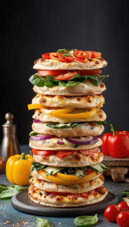 A stack of colorful vegetable pizzas on a dark background with various vegetables aroundの素材