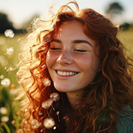 A joyful girl with red hair amidst dandelions in a field during sunsetの素材