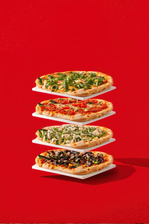 A stack of colorful vegetable pizzas on a red backgroundの素材