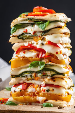 A stack of colorful vegetarian quesadillas with fresh ingredientsの素材