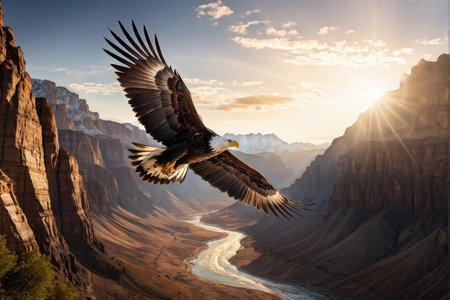 A majestic eagle soaring over a dramatic canyon landscape at sunsetの素材