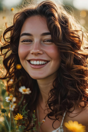 A joyful young woman in a field of flowers at sunsetの素材