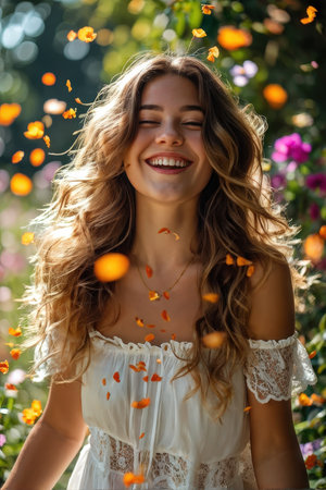 A joyful woman amidst orange petals in a sunny gardenの素材