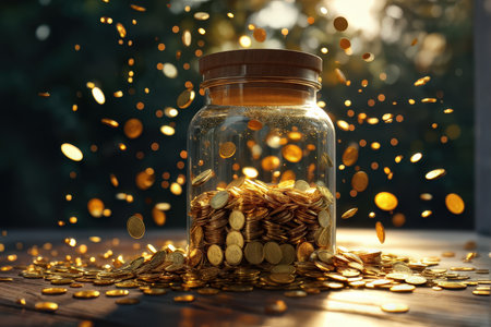 Golden coins spilling out of a jar to symbolize financial growth and successの素材