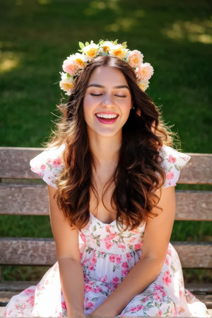 A joyful woman in a floral dress with flowers in her hair sits on a benchの素材