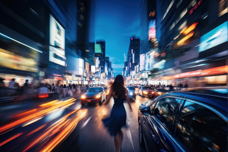 A cityscape at night with a blurred figure running through busy streets illuminated by lights and trafficの素材