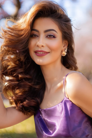 Portrait of a woman with flowing hair in an outdoor setting wearing elegant attireの素材