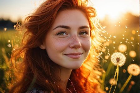 A cheerful young woman with red hair amidst a field of dandelions at sunsetの素材