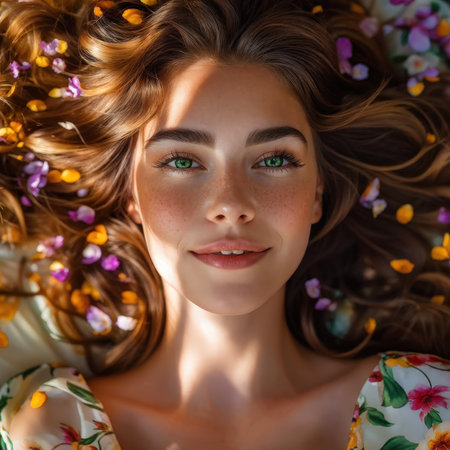 A young woman lying down with flowing hair and colorful flower petals around her headの素材