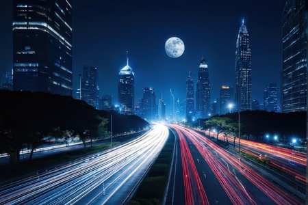 A nighttime cityscape with illuminated skyscrapers and a full moonの素材