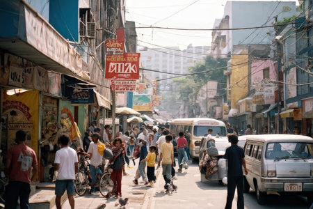 A bustling urban street scene with people and vehicles in a densely populated areaの素材