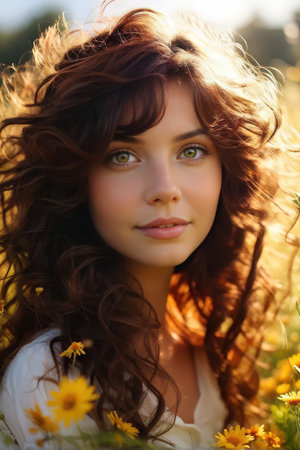 Portrait of a young woman with flowing hair amidst wildflowers at sunsetの素材