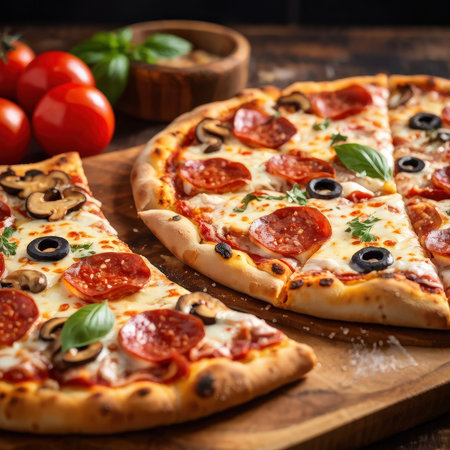An appetizing closeup of a freshly baked pepperoni pizza on a wooden table with tomatoes and basil in the backgroundの素材