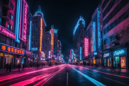 A bustling urban night scene with neonlit buildings and glowing red traffic linesの素材
