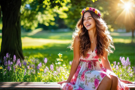 A cheerful woman in a floral dress and wreath sits on a bench amidst blooming flowers under the sunの素材