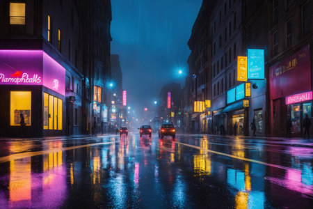 A neonlit cityscape at night with reflections on a wet street during rainの素材