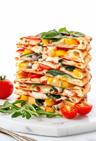 Stacked vegetable quesadillas with cherry tomatoes and fresh greens on a marble boardの素材