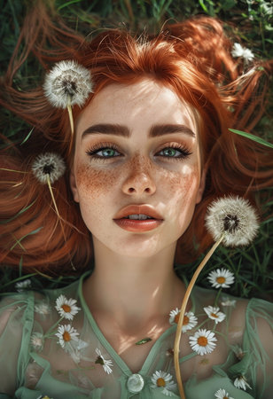 A woman lying in a grassy field surrounded by dandelions and chamomile flowersの素材