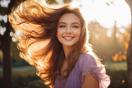 Sunlit woman with flowing hair enjoying a moment in natureの素材