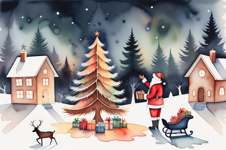 A festive scene depicting Santa Claus placing gifts under a Christmas tree at nightの素材
