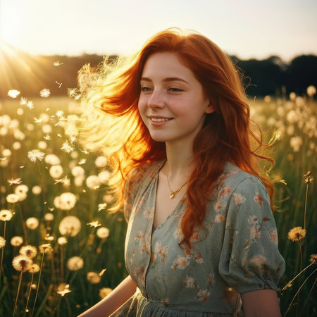 A young woman with flowing red hair enjoying a sunny day in dandelion fieldsの素材
