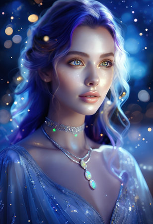 A digital art portrayal of a mystical woman with blue and purple hair amidst glowing orbsの素材