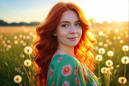 Young woman with red hair smiling in a field of dandelions during sunsetの素材