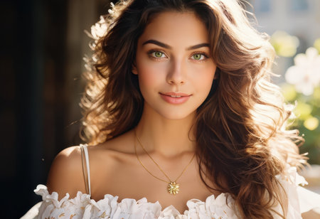 Portrait of a confident woman with green eyes and wavy hair wearing white floral dress and gold necklaceの素材