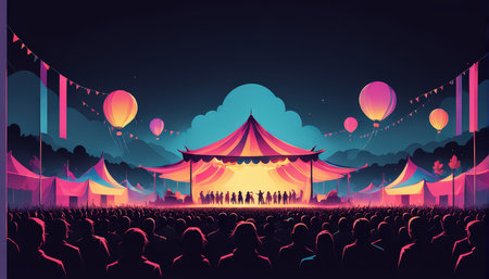 An animated depiction of a colorful outdoor carnival with people dancing under tentsの素材