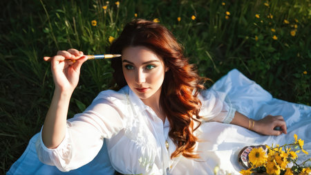 A young woman in a sunlit meadow with wildflowers holds an unconventional paintbrushの素材