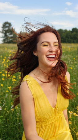 A woman with flowing hair and yellow eyes joyfully laughing in a vibrant field of flowersの素材