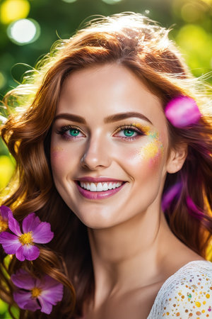 A joyful woman with colorful makeup and flowers in a sunny outdoor settingの素材