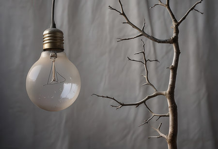 A light bulb with a tree branch silhouette represents an ideaの素材