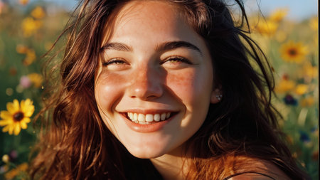 A joyful young woman in a sunflower field during sunsetの素材
