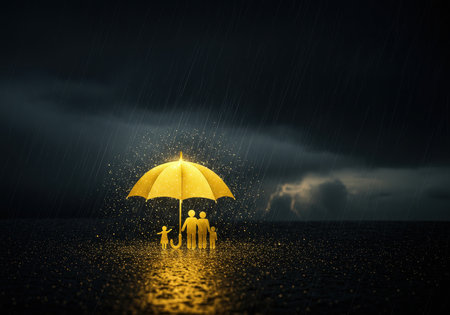 A stylized depiction of a protective figure shielding children from rain at nightの素材