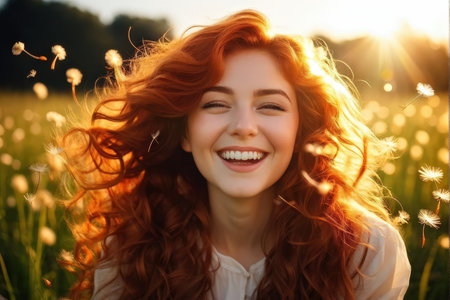 A joyful redhaired woman in a field with dandelions during sunsetの素材