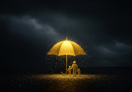 A glowing golden umbrella offers protection to a small group against the rainの素材