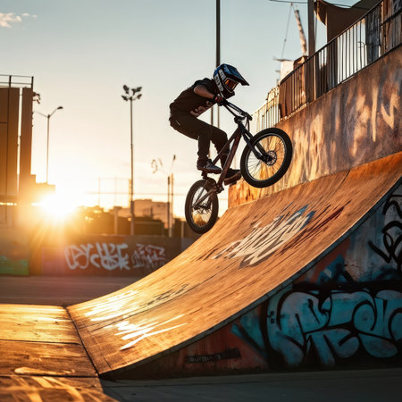 A BMX rider performs a trick at sunset in an urban skateparkの素材