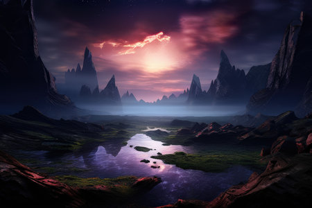 A serene twilight scene of a mystical landscape with glowing mountains and a reflective riverの素材