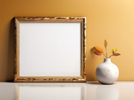 A serene still life featuring a blank frame and decorative vase with autumn leaves on an orange backdropの素材
